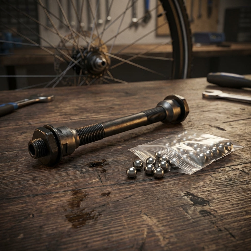XLC Evo Reparaturkit für Vorderradnabe mit Achse Kugelringen und Endkappen für Fahrradwartung.