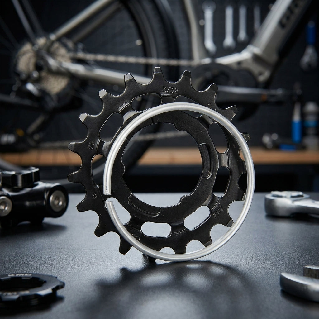 Schwarzes KMC Ritzel 3/32" 19 Zähne für Shimano E-Bike auf Werkbank mit Fahrrad im Hintergrund.