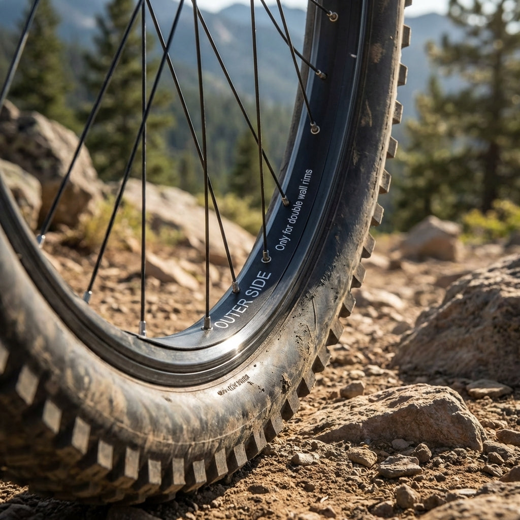 Fulcrum Felgenband Red Zone auf Mountainbike-Laufrad, mit "OUTER SIDE" und Hinweis für Doppelwandfelgen.