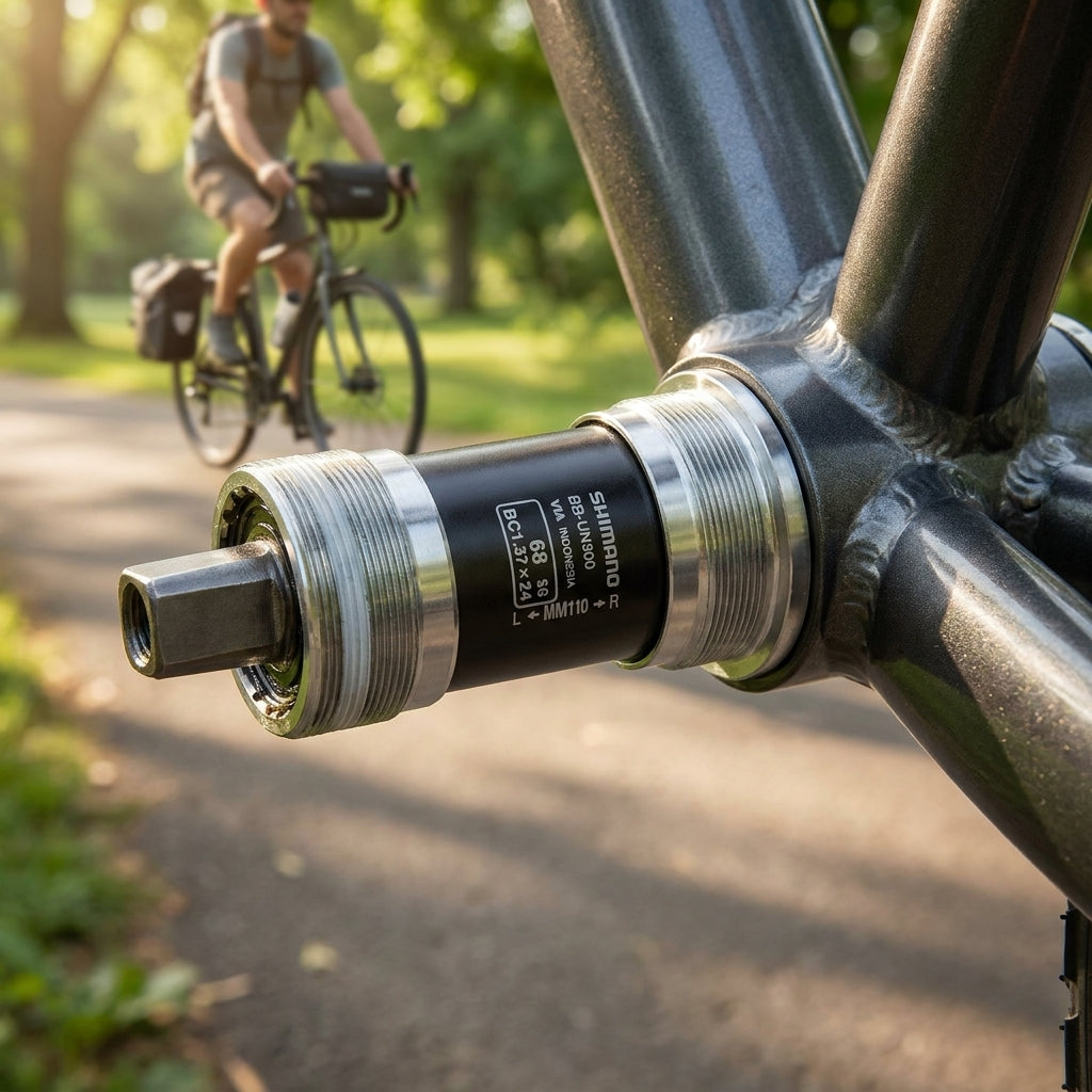 SHIMANO UN300 BSA Innenlager 68/110mm am Fahrradrahmen, robust für zuverlässigen Antrieb beim Radfahren.