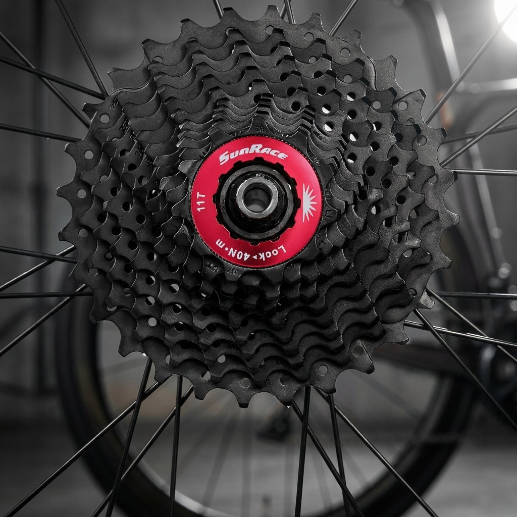 SunRace CSRS3 EAU 11-fach Kassette 11-32 Zähne für Fahrrad. Schwarze Zahnkränze, rote Verschlusskappe.