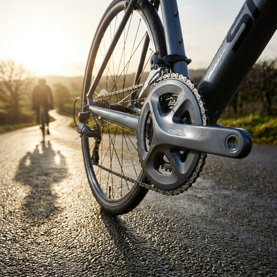SHIMANO Kurbelgarnitur CLARIS FC-R2030 am Fahrrad auf nasser Straße bei Sonnenuntergang mit Radfahrer.