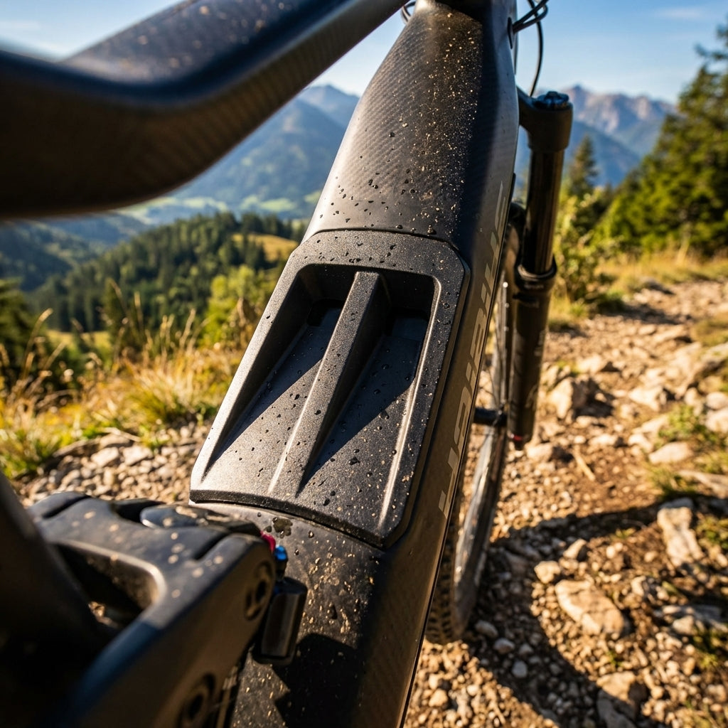 Haibike Interface Top Cover für Bosch Gen4 Range Extender, schwarz, am E-Bike auf Mountainbike-Trail.