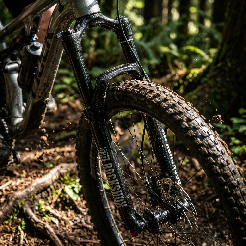 RockShox Judy Silver TK Federgabel schwarz an schlammigem Mountainbike, 27.5 Zoll Rad im Wald.