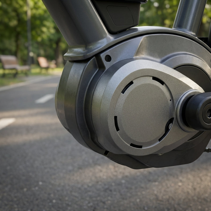 BOSCH Designdeckel Active Platinum rechts für E-Bike Mittelmotor, Nahaufnahme im Park.
