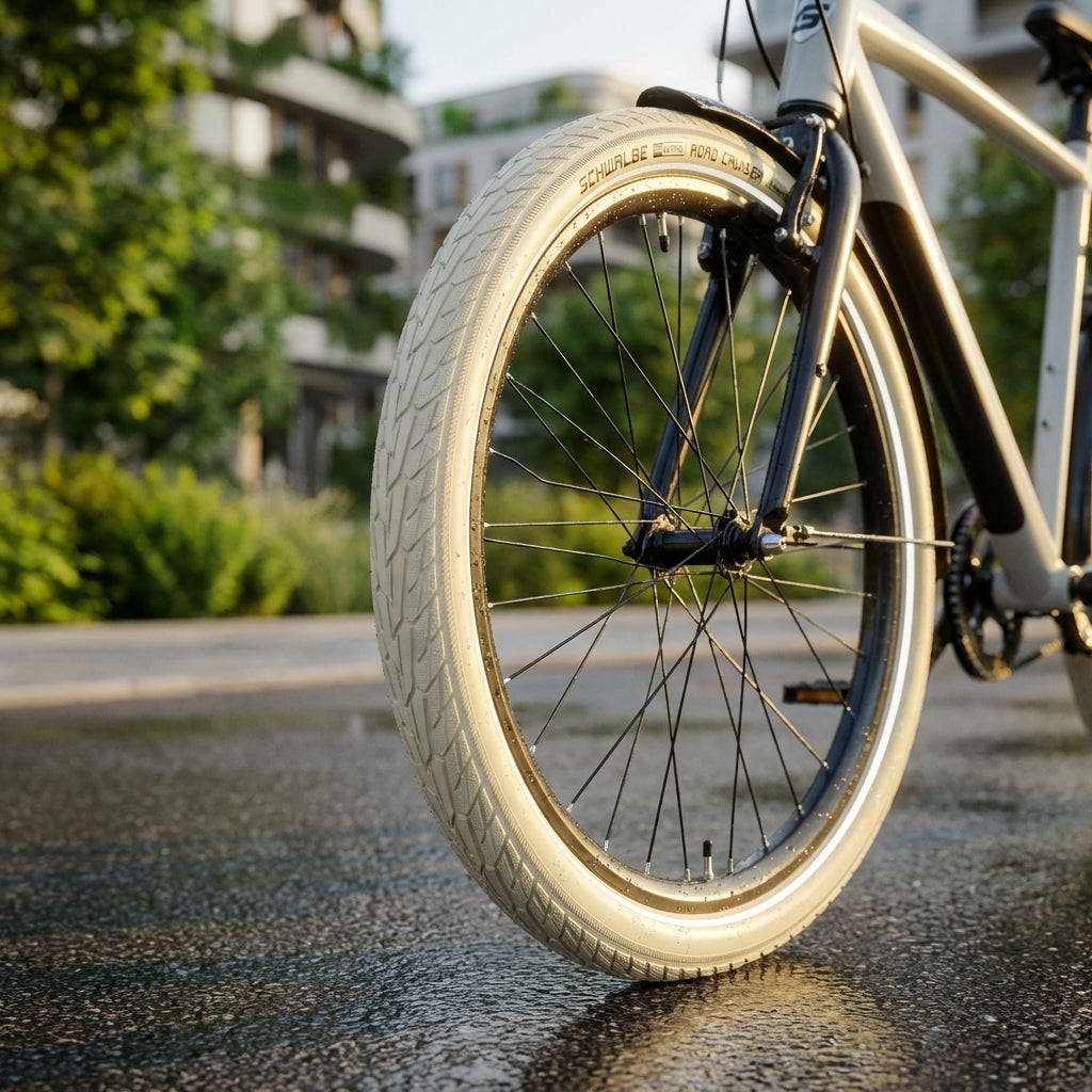 Schwalbe Road Cruiser 28x1.60 700x40C Fahrradreifen in Creme mit Pannenschutz und Reflexstreifen am Vorderrad.