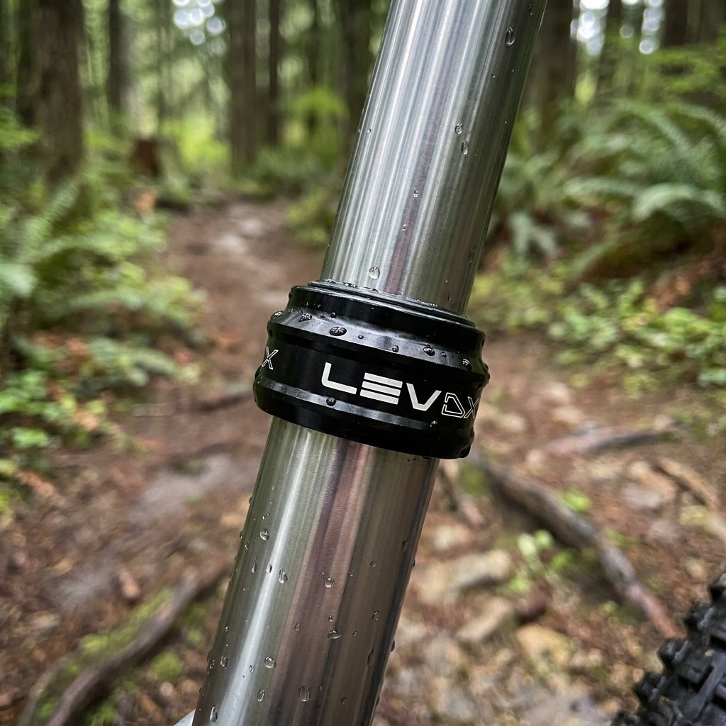 KS Manschette LEV DX am Fahrrad Dropper Post mit Wassertropfen auf einem Waldweg.