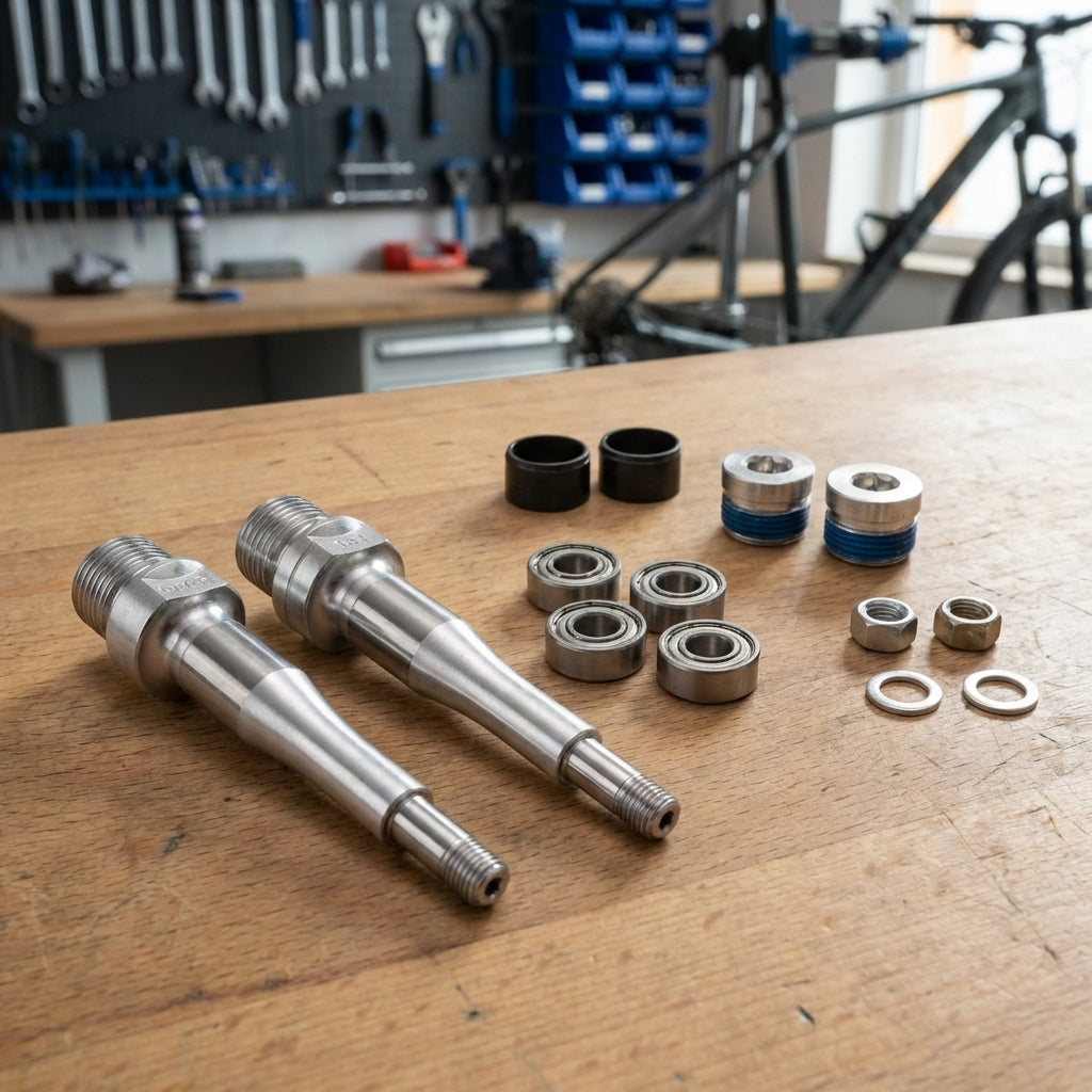 XLC Servicekit für PD-M12-Pedale: Achsen, Lager, Dichtungen und Kleinteile auf Holztisch in Werkstatt.