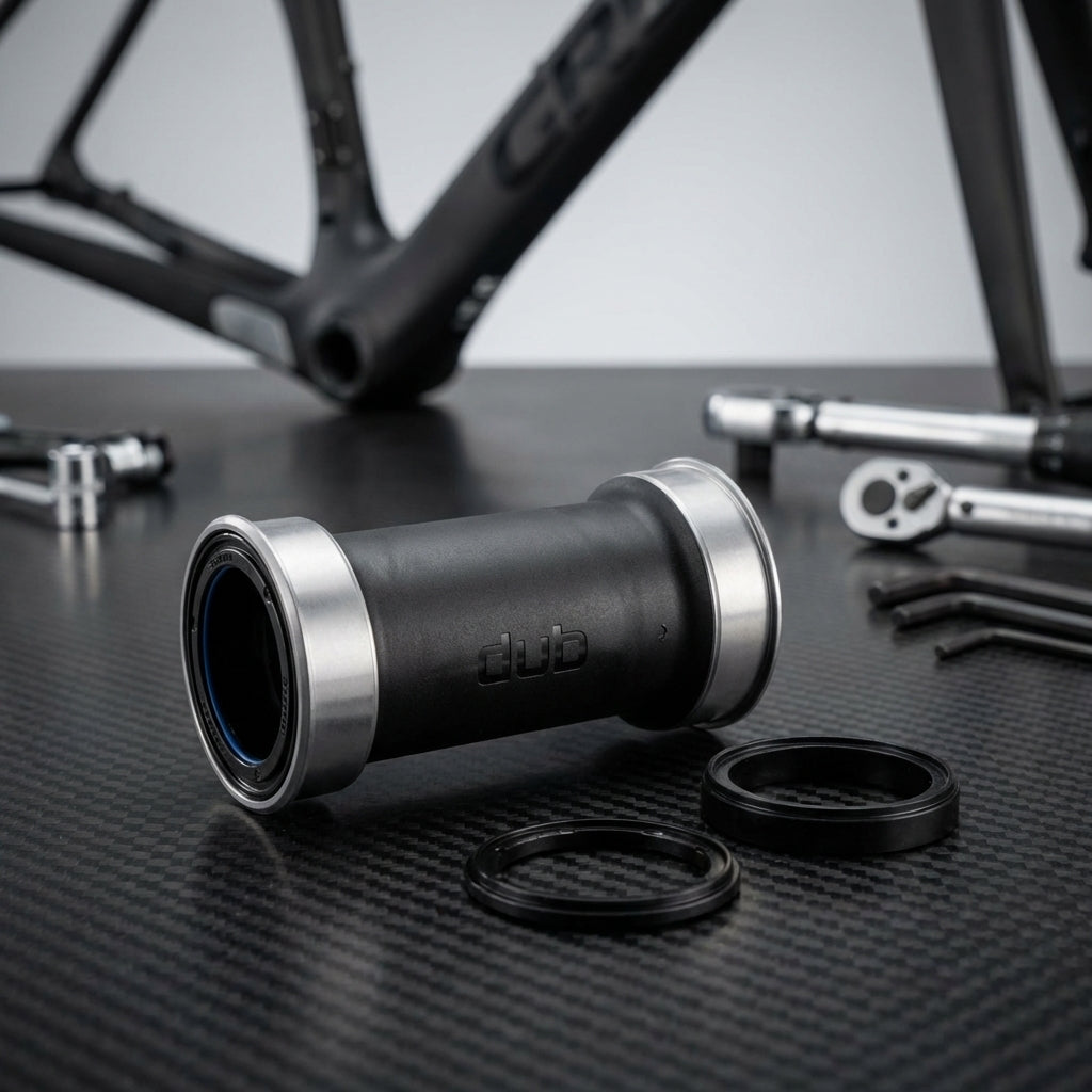 SRAM DUB Pressfit Road Wide 86,5mm Stahl Innenlager mit Fahrradrahmen und Werkzeug für effiziente Kraftübertragung.