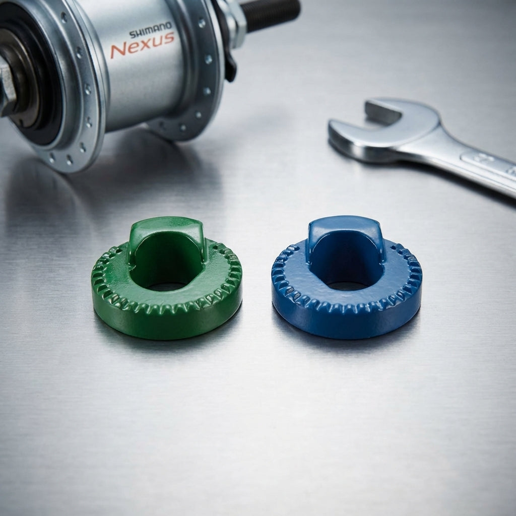 Shimano Fixierscheiben grün/blau für ALFINE und Nexus 8-Gang-Naben, mit Shimano Nexus Nabe und Werkzeug.