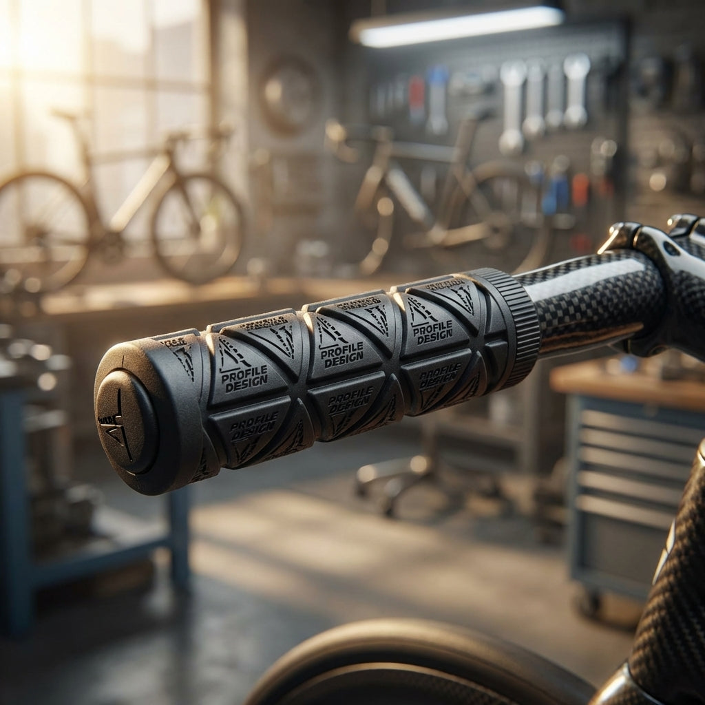 Profile Design Double Durometer Griffe schwarz 30mm am Carbonlenker, ergonomisch für hohen Komfort und Stoßdämpfung.