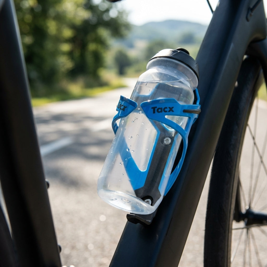 Blauer Tacx Deva Flaschenhalter T6154.05 am schwarzen Fahrradrahmen mit klarer Wasserflasche auf einer Landstraße.