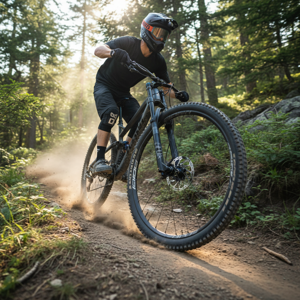 Crankbrothers Synthesis Carbon Enduro 29 Zoll Laufradsatz schwarz am Mountainbike auf staubigem Trail.