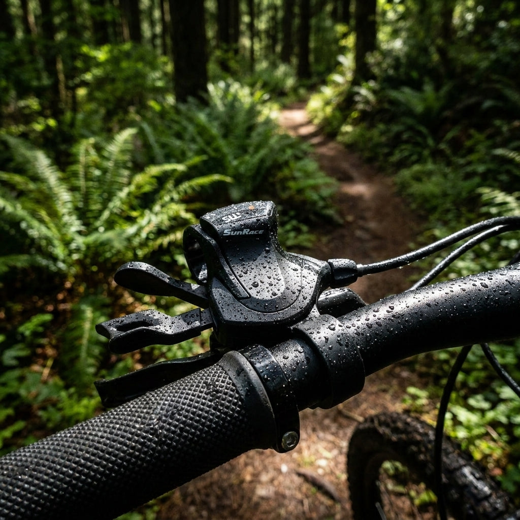 SunRace DLMS30 10-fach rechter Schalthebel schwarz, nass auf Mountainbike-Lenker im Waldweg.