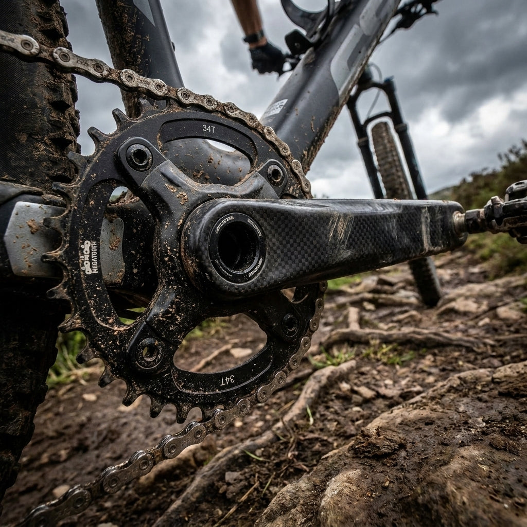Schmutziges schwarzes FSA Megatooth 1x MTB Kettenblatt (32T) mit Carbon-Kurbel an Mountainbike auf Offroad-Strecke.