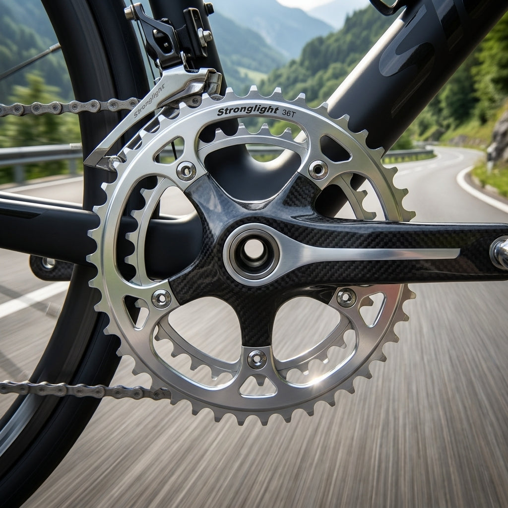 Stronglight Rennrad Kettenblatt 36T 110mm silber an Carbon-Kurbel auf Bergstraße.