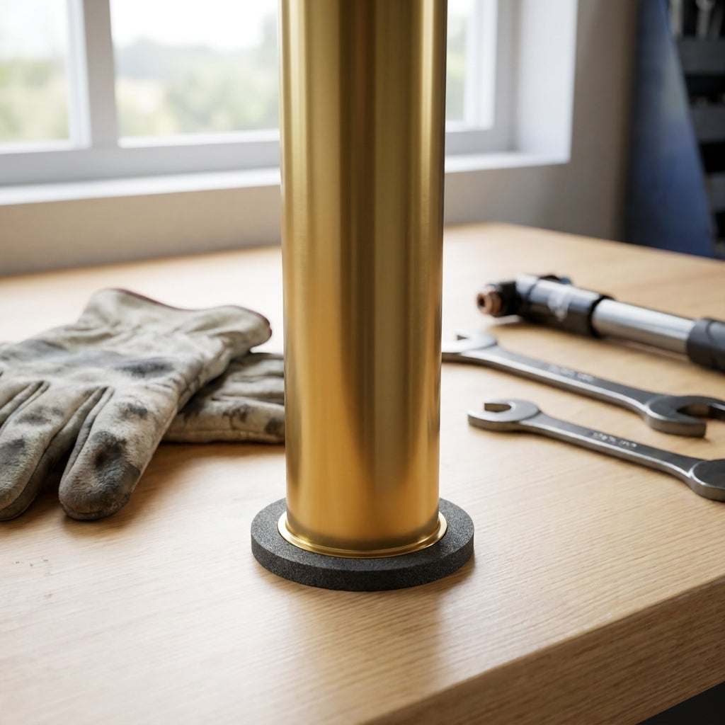 SR-Suntour Ölabstreifring für SF16 RUX 38mm Federgabel-Standrohr auf Holzwerkbank mit Werkzeug.