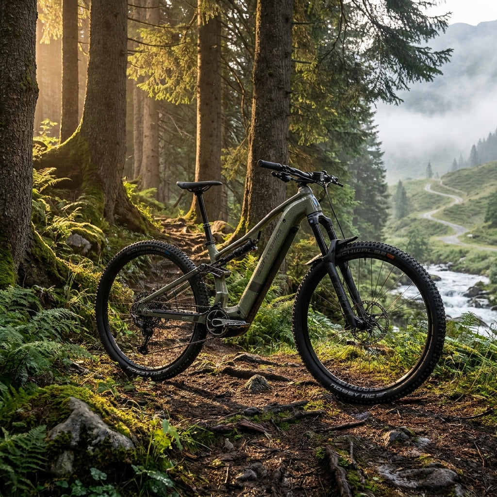 Centurion Numinis R1000 EP1 grünes vollgefedertes E-MTB auf Waldweg in den Bergen.