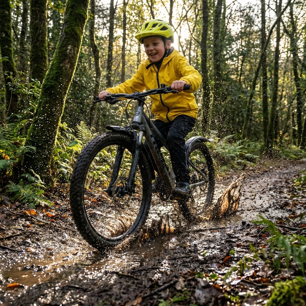 GRT.SCHUTZBLECHE POLISPOR T EXPANDER 65 an Mountainbike eines lachenden Kindes, das durch Schlamm spritzt.
