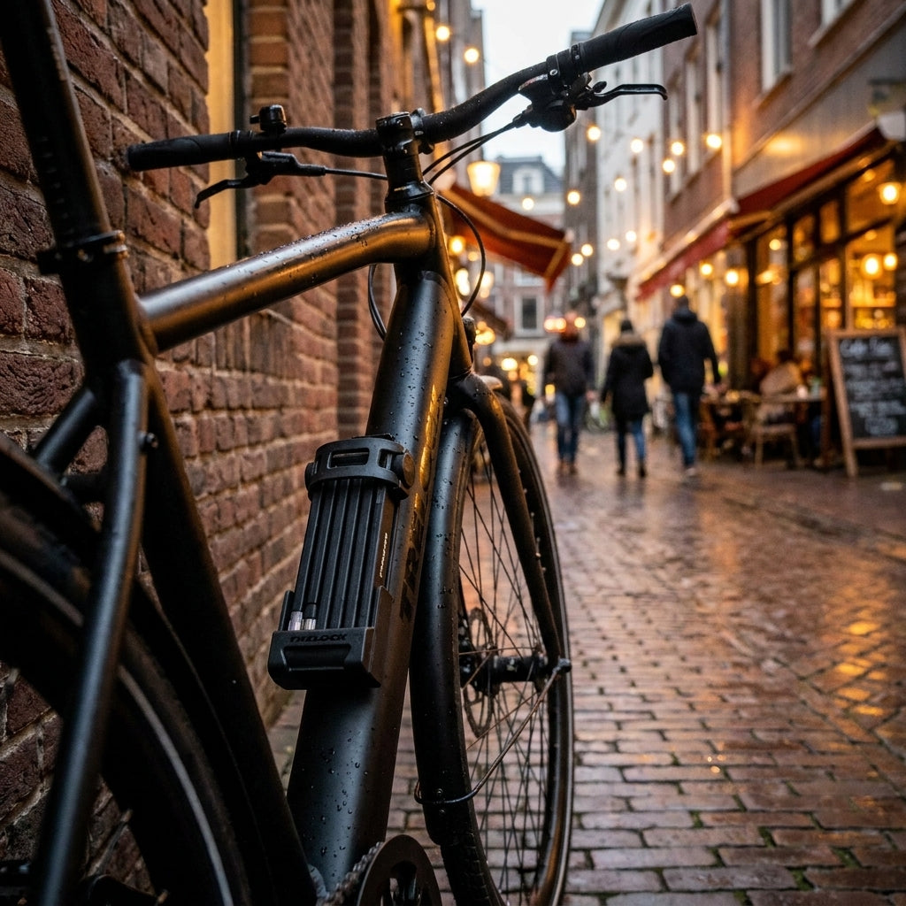 Trelock Faltschloss ZF 480 mit Halter X-Move schwarz am Fahrrad in regnerischer Gasse.