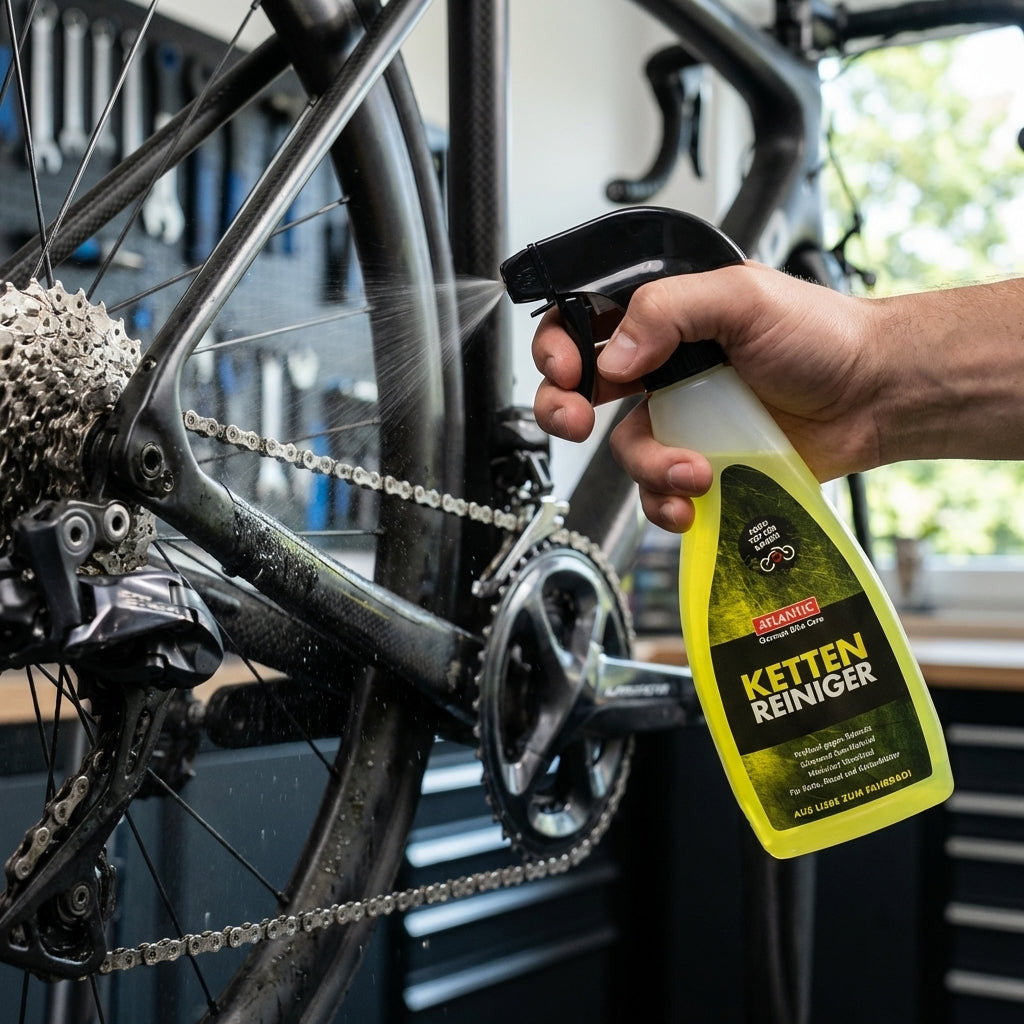 Atlantic Kettenreiniger 250ml Sprühflasche wird zur Reinigung auf eine Fahrradkette gesprüht.
