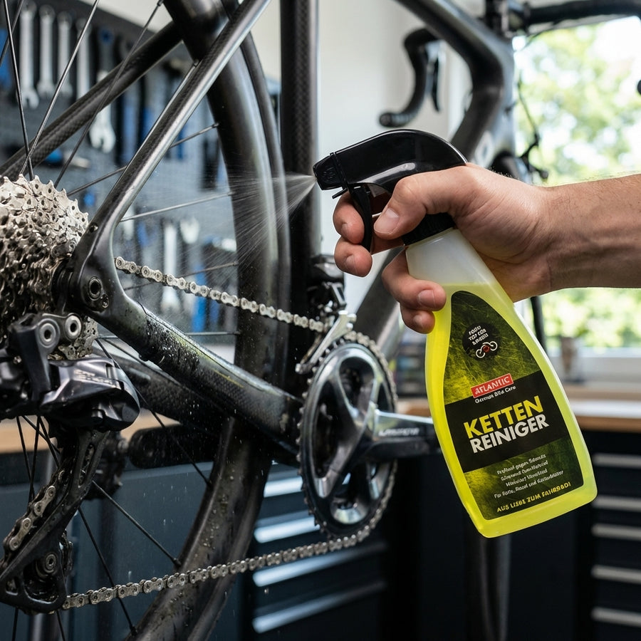 Atlantic Kettenreiniger 250ml Sprühflasche wird zur Reinigung auf eine Fahrradkette gesprüht.