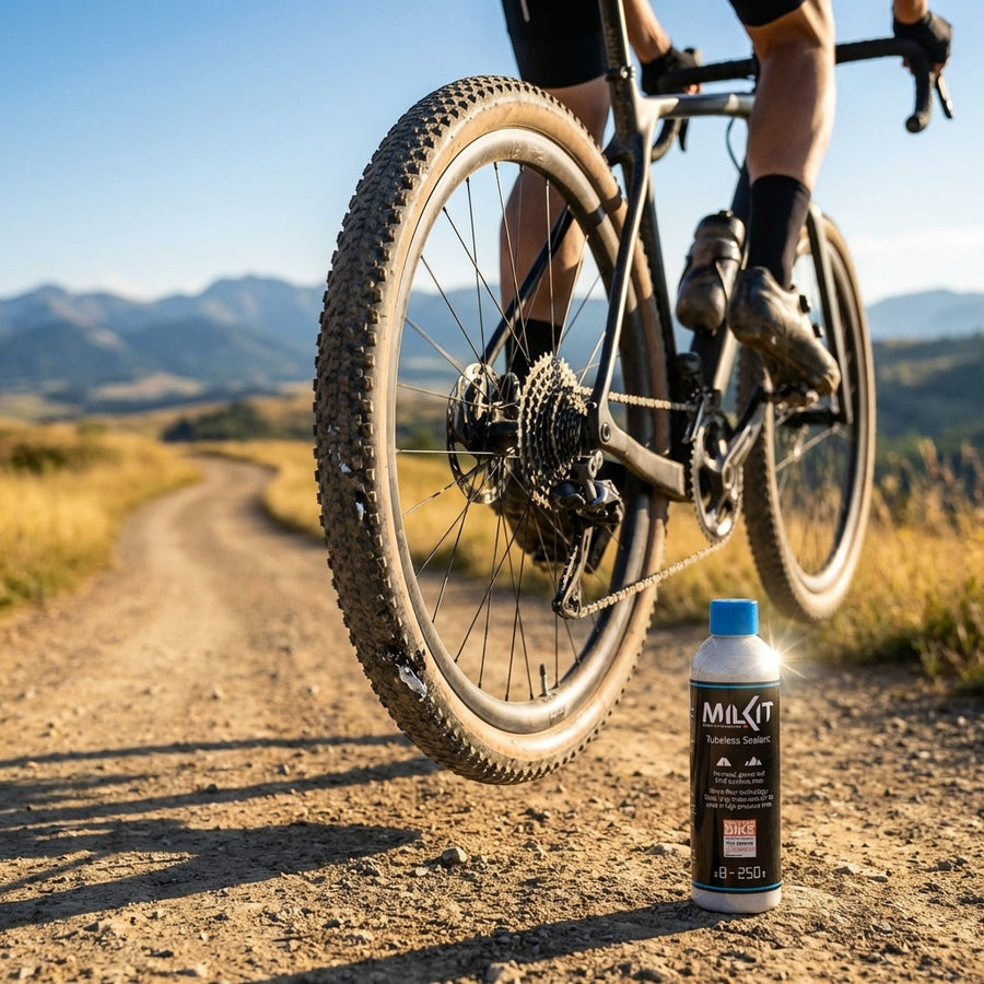 milKit DS4 Tubeless Dichtmilch 250ml Road & Gravel Sealant auf Schotterweg vor fahrendem Gravelbike.