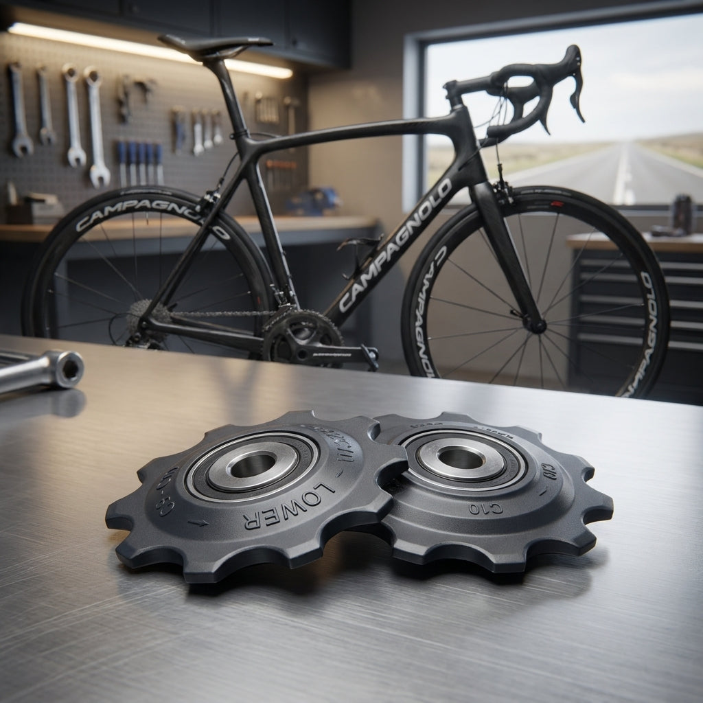 Campagnolo Record 10-fach Schaltwerkrollen-Set RD-RE700 auf Werkbank vor Rennrad in Werkstatt.