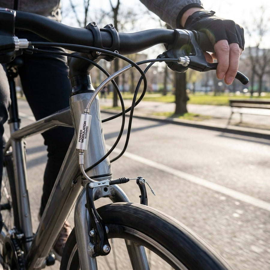 Shimano Power Modulator silber/schwarz an Vorderradbremse für kontrollierte Bremskraft am Fahrrad.