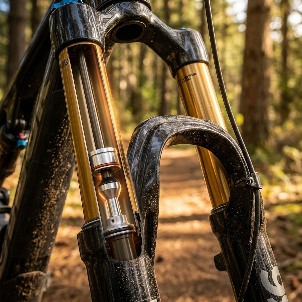 FOX Mountainbike Gabel mit sichtbarem Air Shaft für präzise Federungs-Performance auf dem Trail.