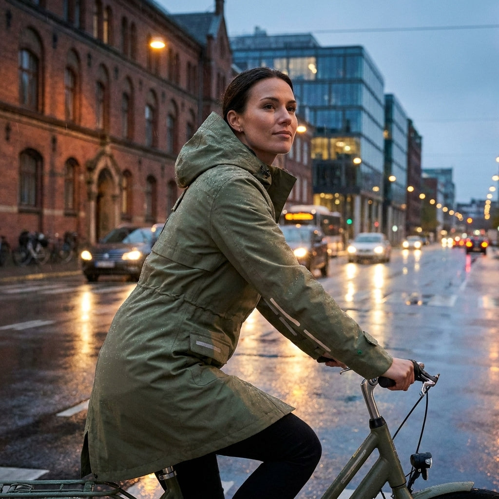 Basil Mosse Damen Regenparka Olive Grün. Wasserdichter, stilvoller Fahrrad-Parka für Frauen. Perfekter Wetterschutz beim Radfahren.