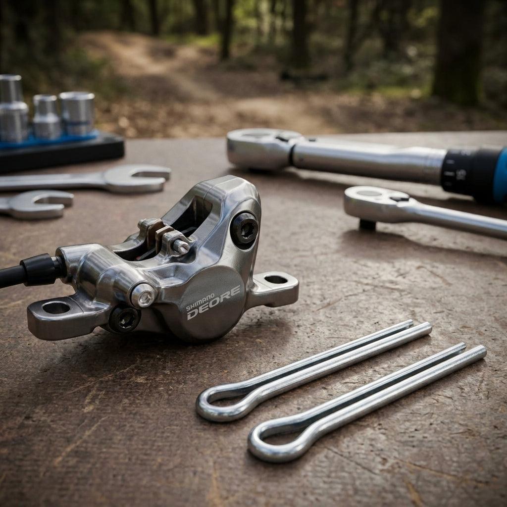 Zwei XLC Sicherungssplinte 35mm, passend für Shimano Deore Fahrradbremsen, mit Werkzeug im Freien.