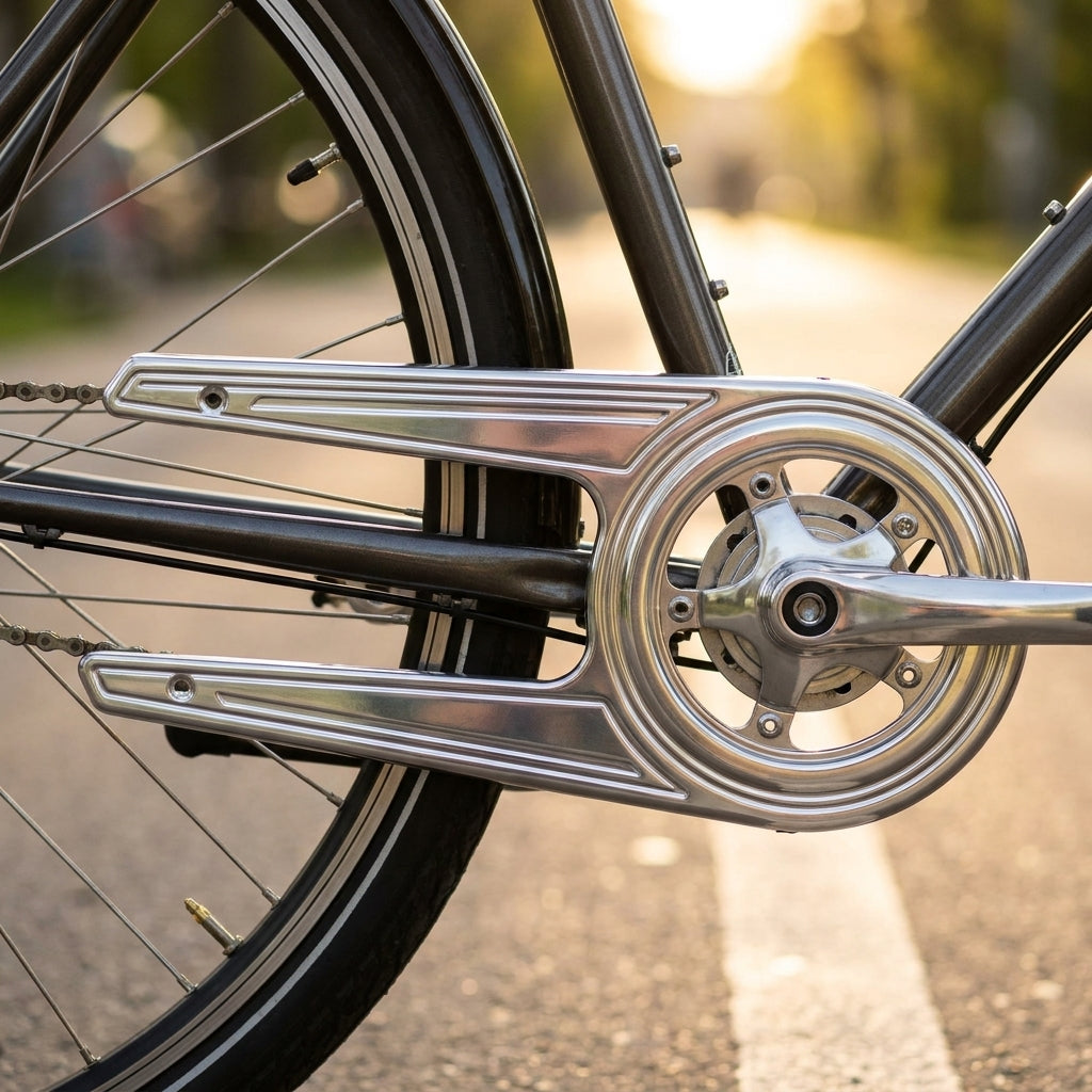 Horn Kettenschutz Alu SL 23 silber bis 46 Zähne für Nabenschaltung am Fahrrad auf sonniger Straße.