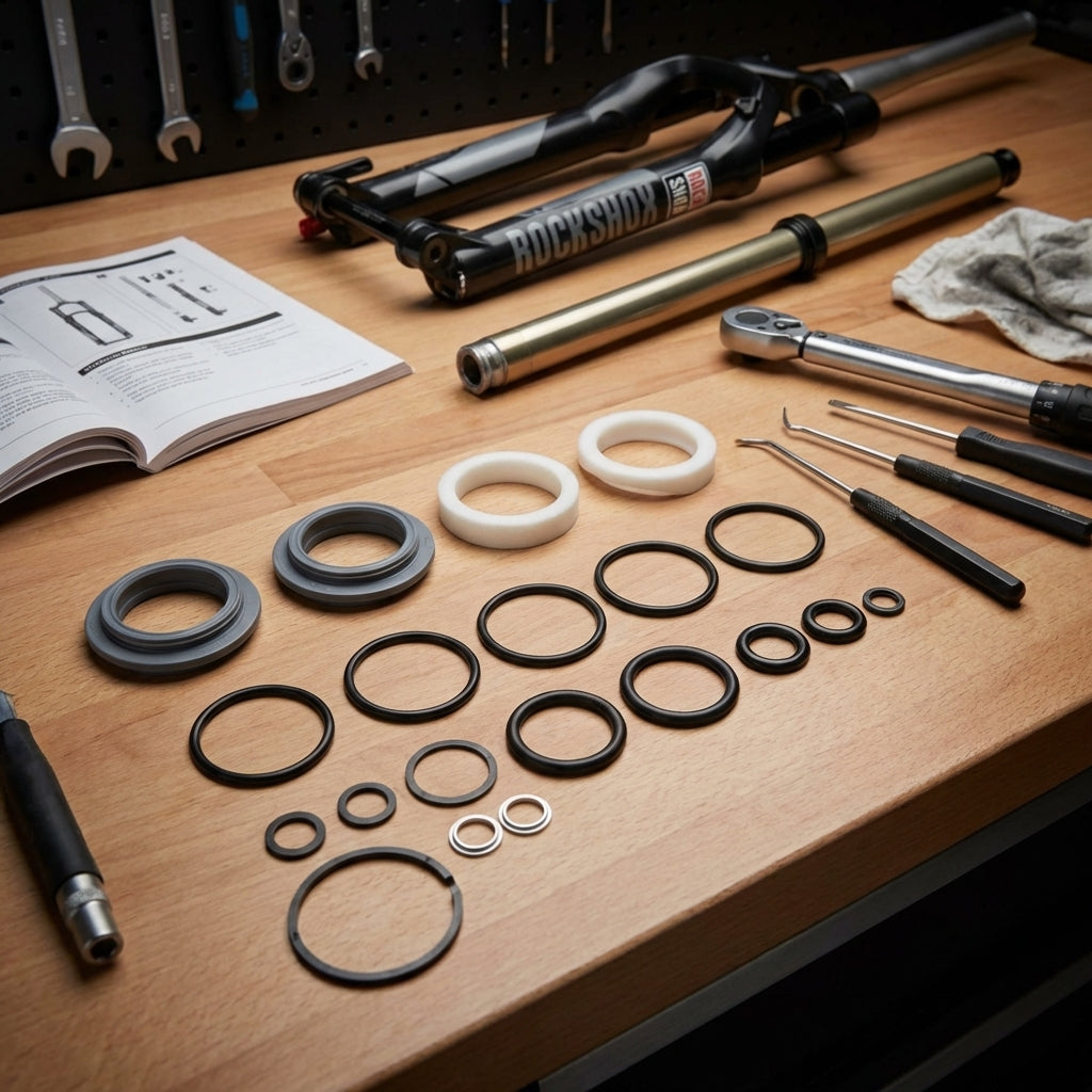 RockShox Federgabel Service-Kit (2018+) Recon Gold RL A4 mit zerlegter Gabel, Dichtungen, O-Ringen & Werkzeug.