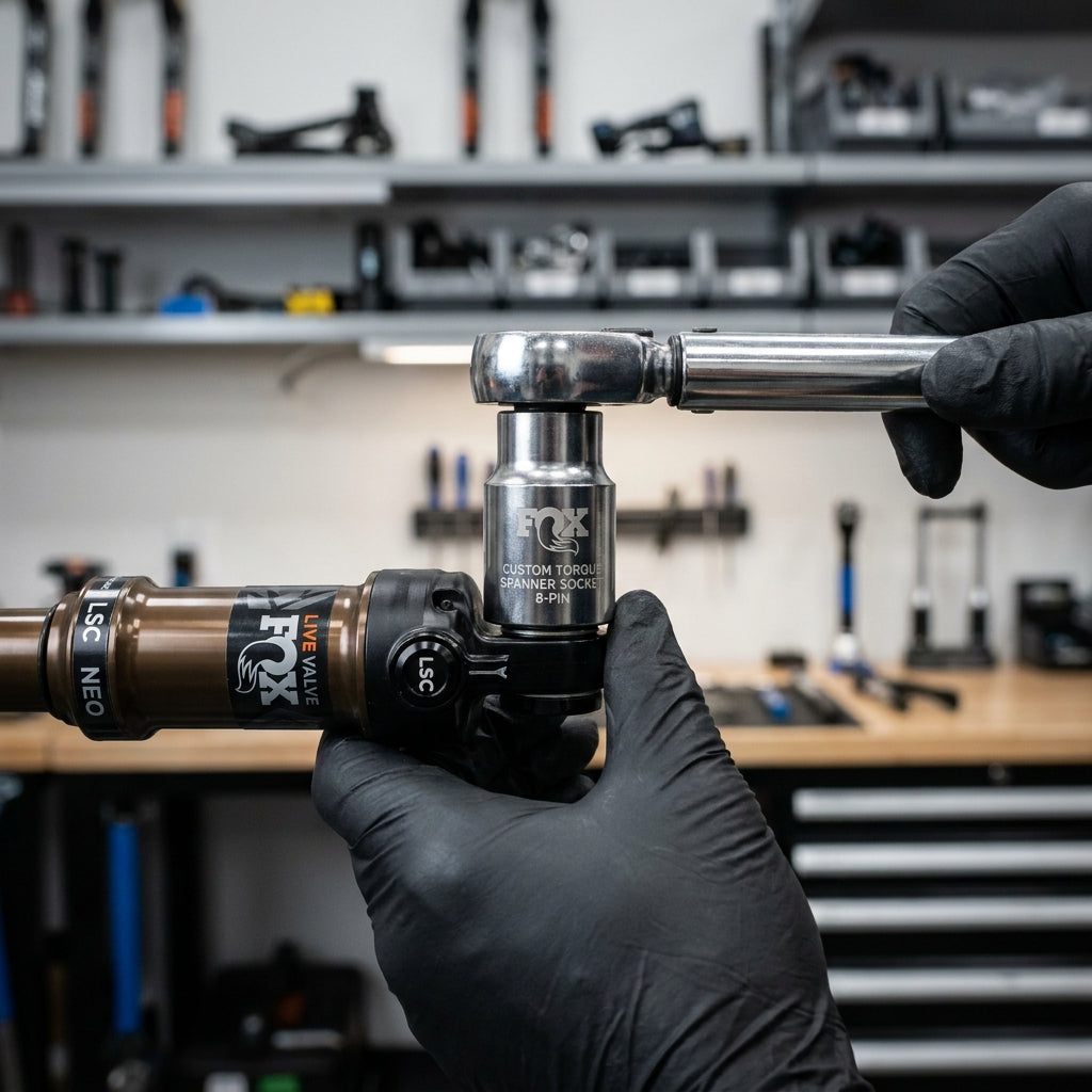 FOX Tooling Custom Torque Spanner Socket 8-Pin für präzisen FOX Live Valve Neo Dämpfer Service und LSC Endkappen.