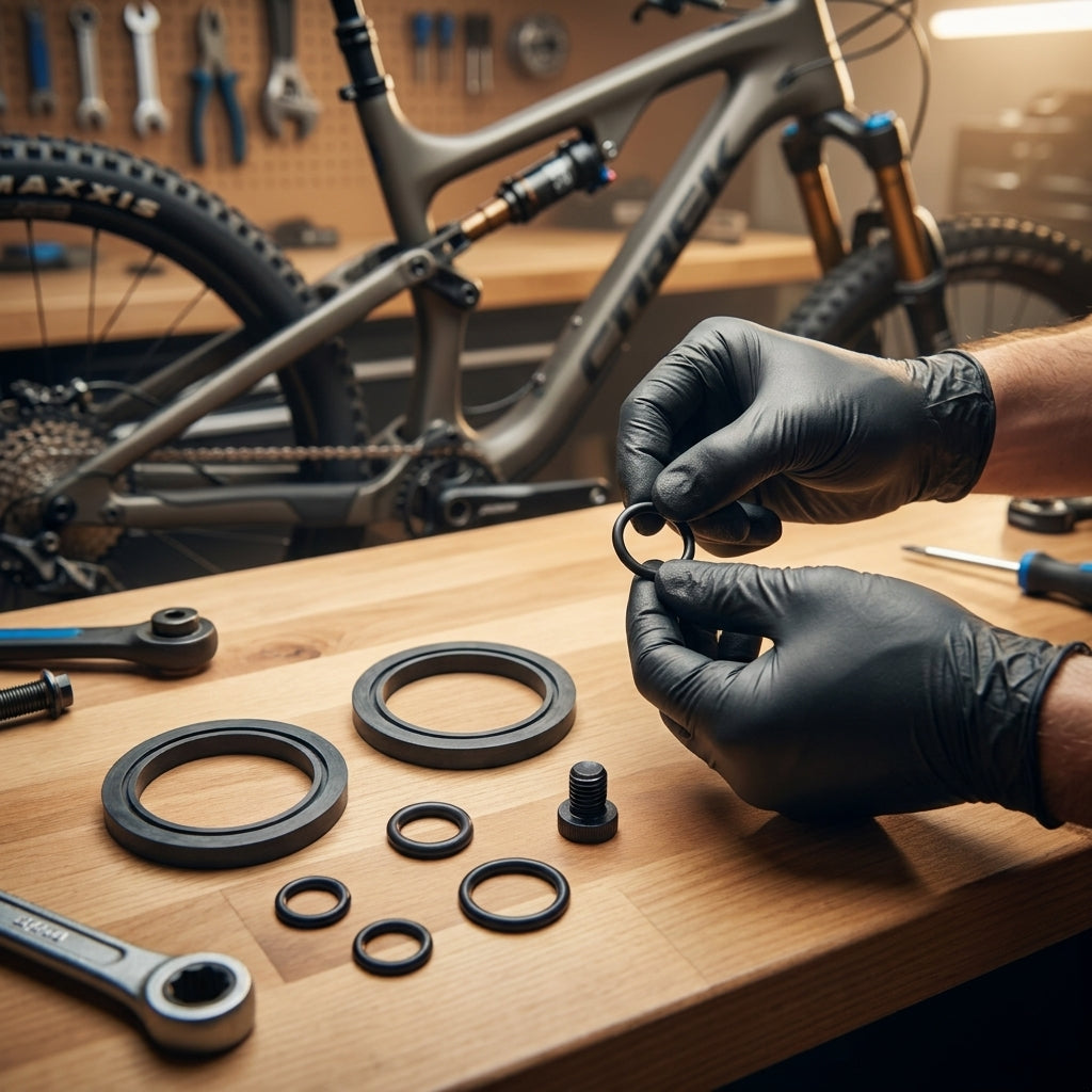 Avid Service Kit Juicy Caliper Dichtungen und O-Ringe werden von Händen auf Werkbank für Fahrradreparatur vorbereitet.
