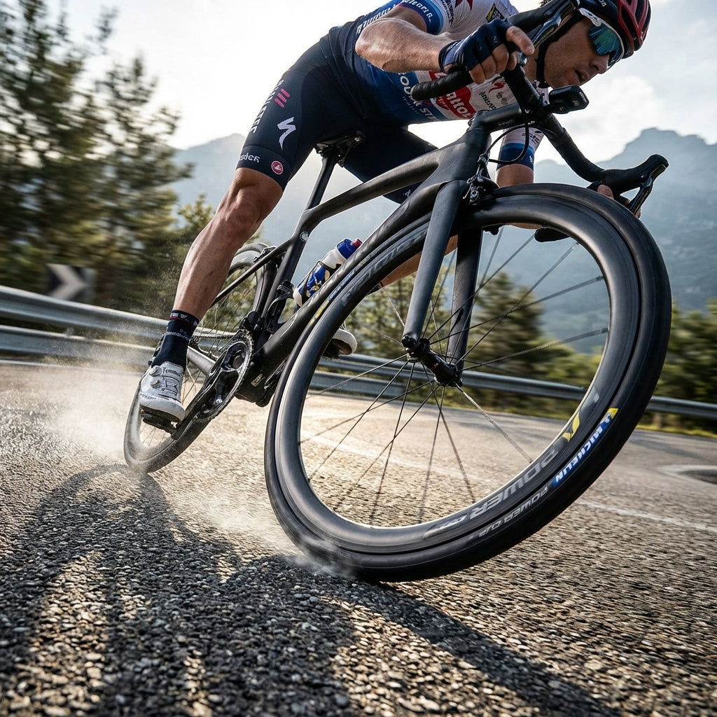 Michelin Power Cup schwarzer Rennradreifen am Vorderrad eines Radsportlers auf der Straße