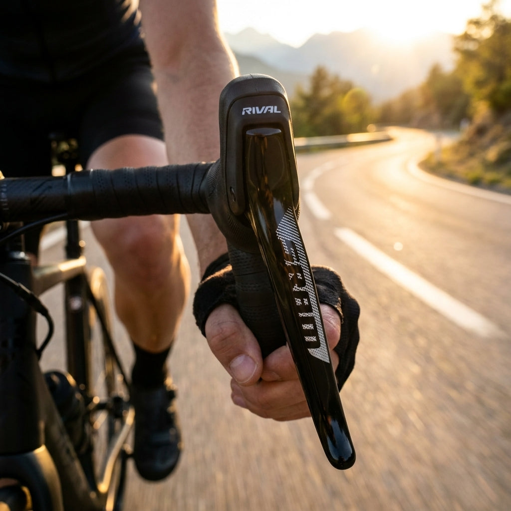SRAM Rival 22 Schalt-/Bremshebel rechts für Rennrad, 2x11-fach. Hand eines Radfahrers auf sonniger Straße.