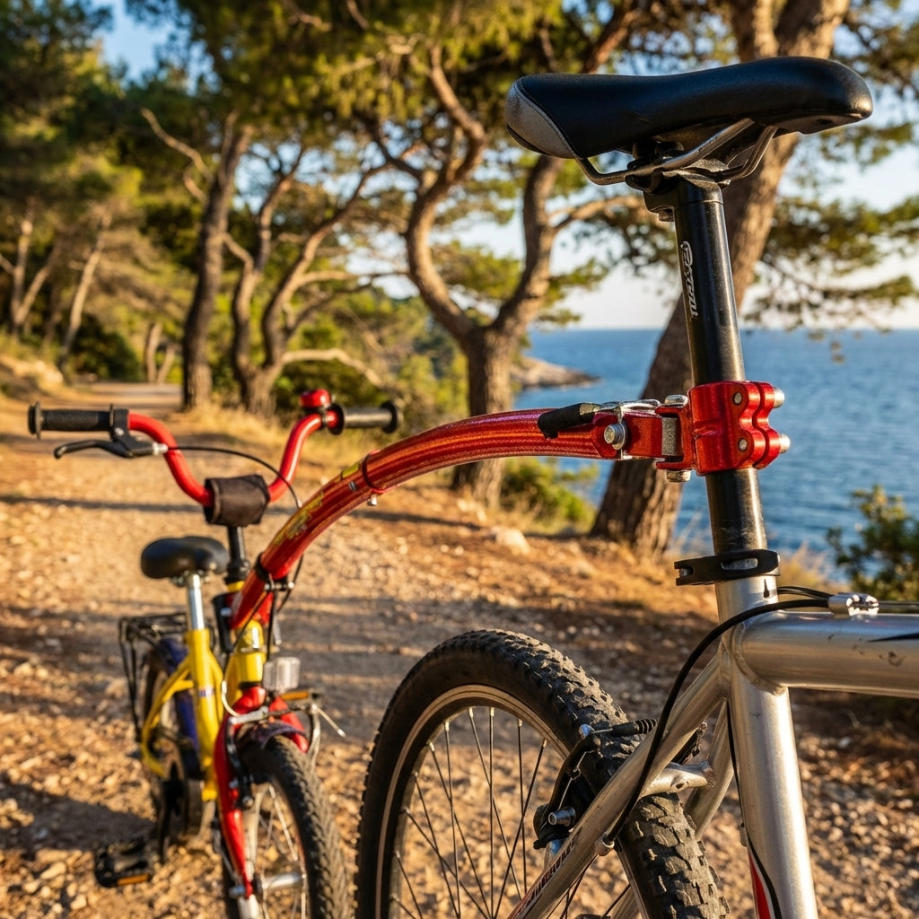 Rote Trail-Gator Original Tandemstange verbindet Kinder- und Erwachsenenfahrrad auf einem Küstenweg in Südeuropa.