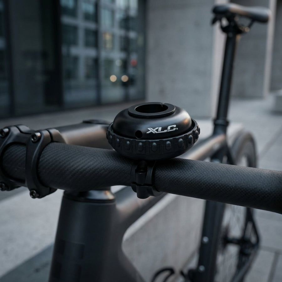 XLC Fahrraddrehklingel DD-M17 schwarz Ø53mm auf schwarzem Carbon-Fahrradlenker, unscharfe Stadtkulisse.