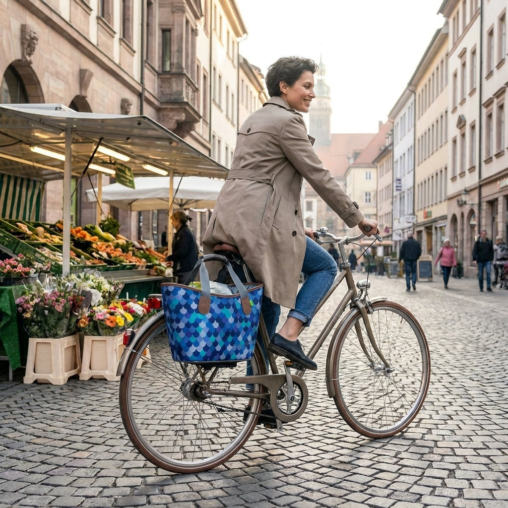 Racktime System Einkaufstasche Agnetha deep ocean mit Snapit am Fahrrad einer Frau am Markt.
