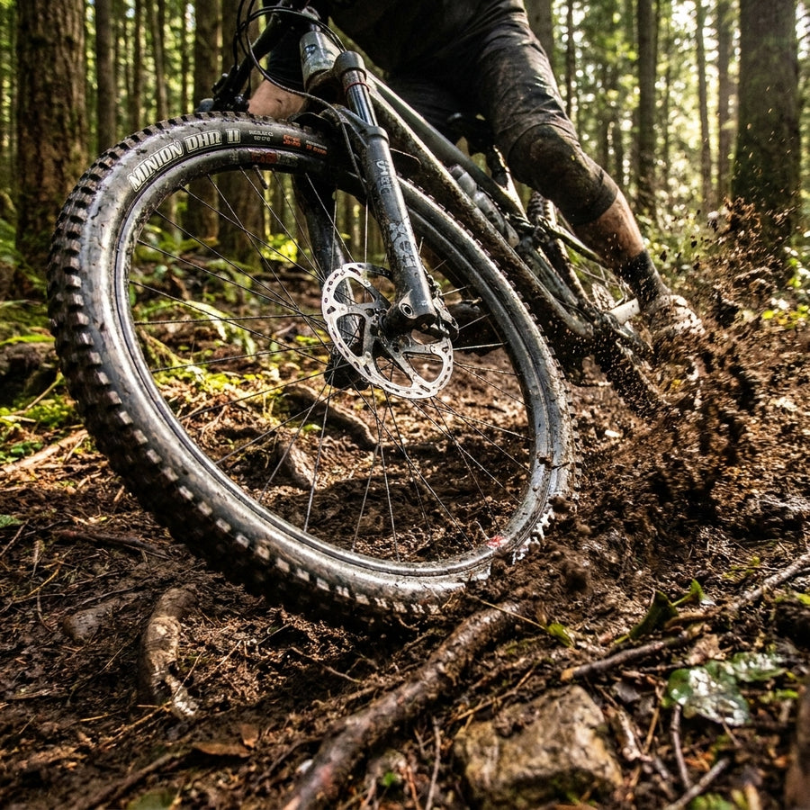 Maxxis Minion DHR II WT Faltreifen 27.5x2.40 MTB Trail Enduro schwarz in Aktion auf schlammigem Waldweg.