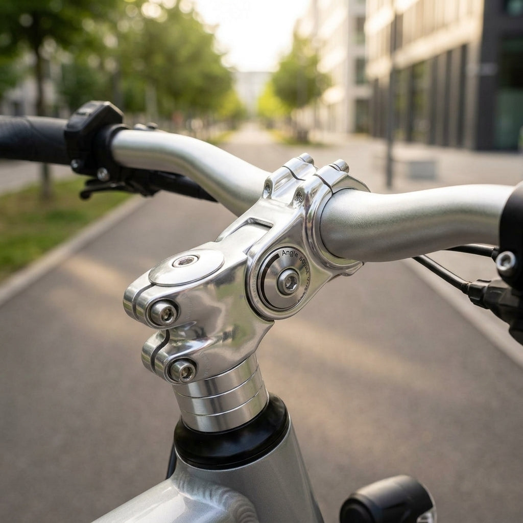 Verstellbarer Ergotec Octopus 2 Ahead-Vorbau in Silber/Poliert am Fahrradlenker.