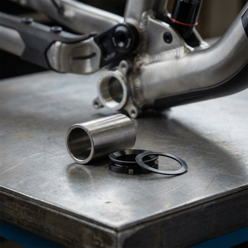 RockShox 3-teiliges Dämpfer-Montagematerial (Hülse, Spacer, Ringe) auf Werkbank mit Fahrradrahmen.