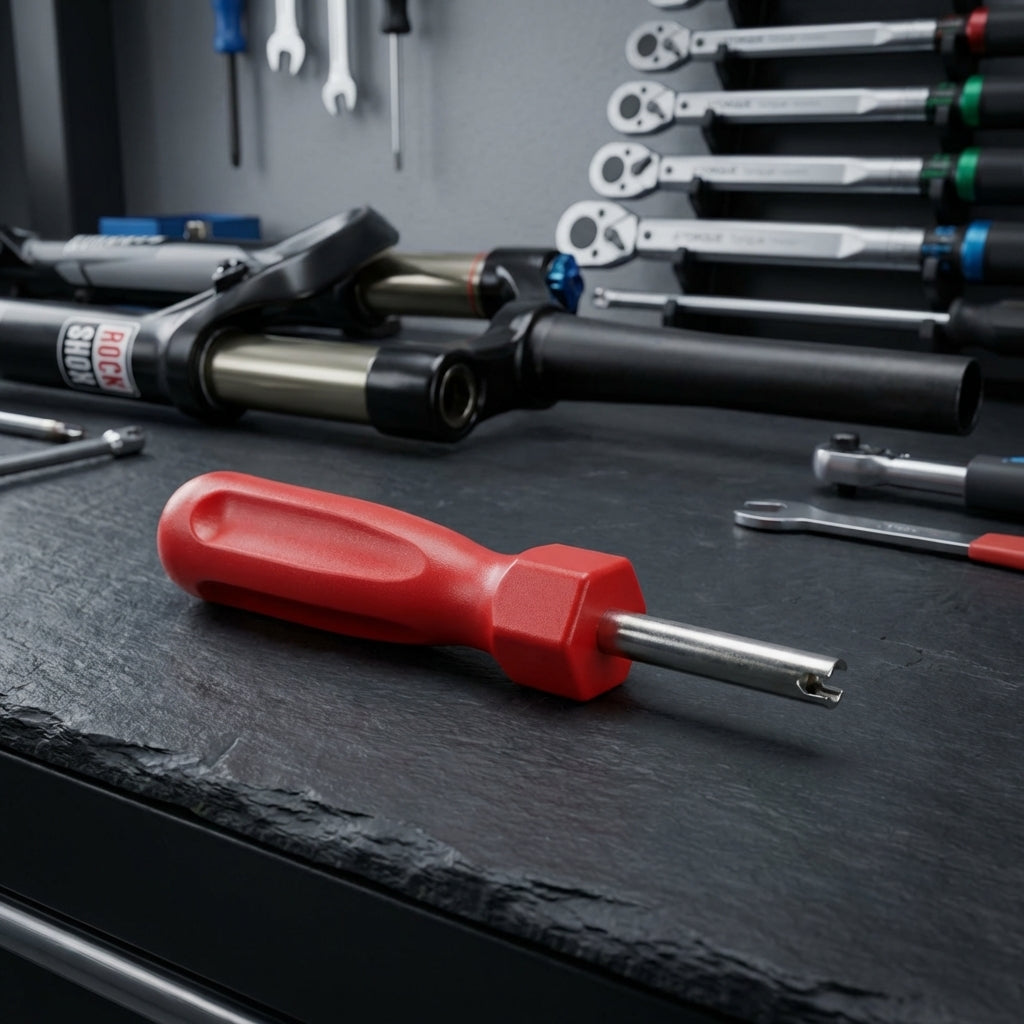Rockshox Ausbauwerkzeug für Schrader Ventile mit rotem Griff auf Werkbank neben einer Federgabel.