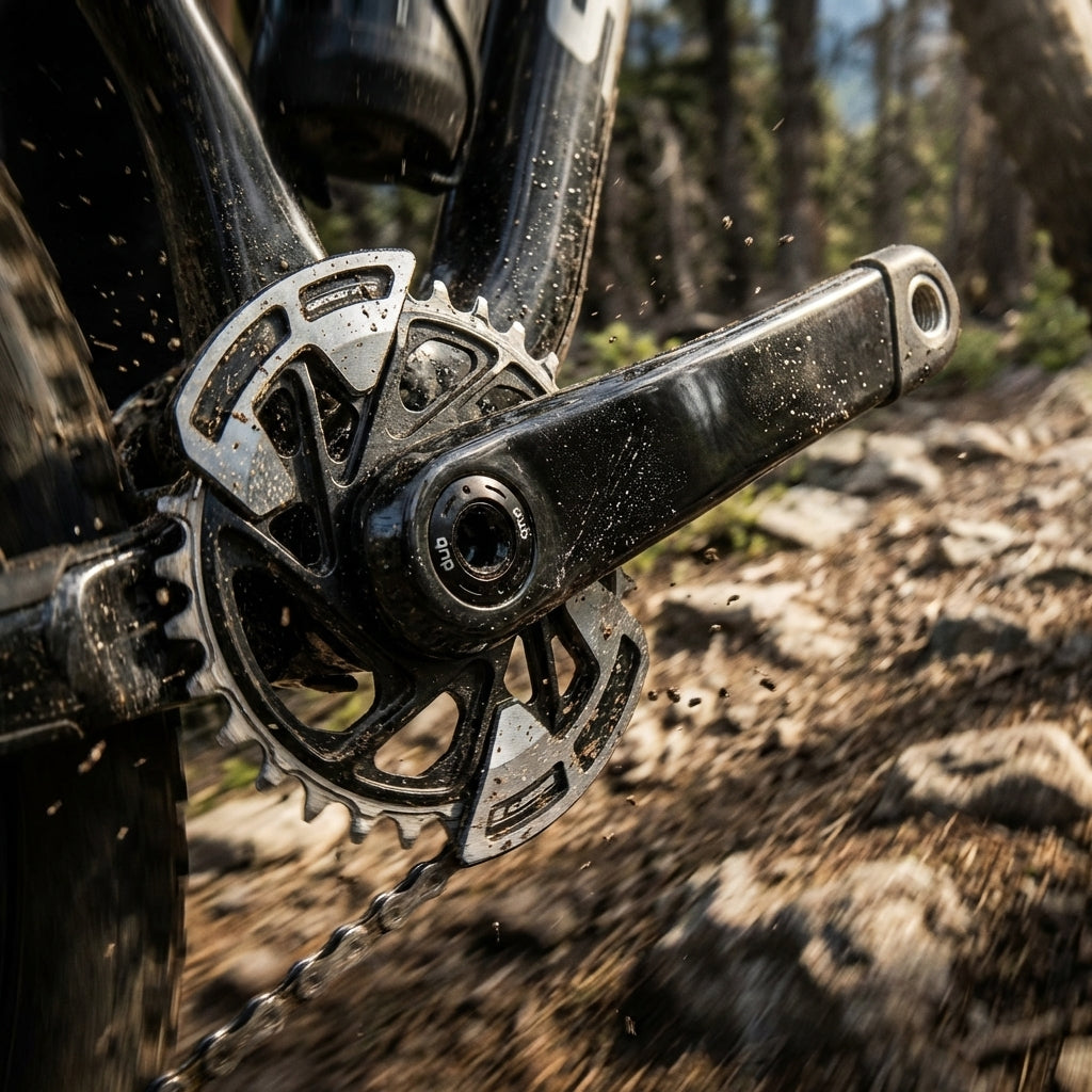 SRAM Quarq XX Eagle T-Type AXS Kurbelgarnitur 165 mm am schlammigen MTB mit Leistungsmessung auf dem Trail