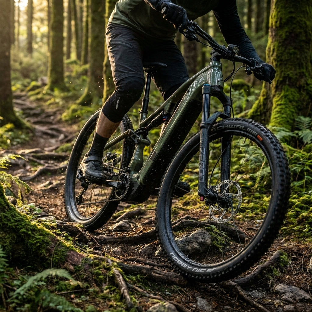 Grünes Centurion Numinis R1000 EP1 Mossy vollgefedertes E-MTB für anspruchsvolle Trails und Abenteuer im Gelände.