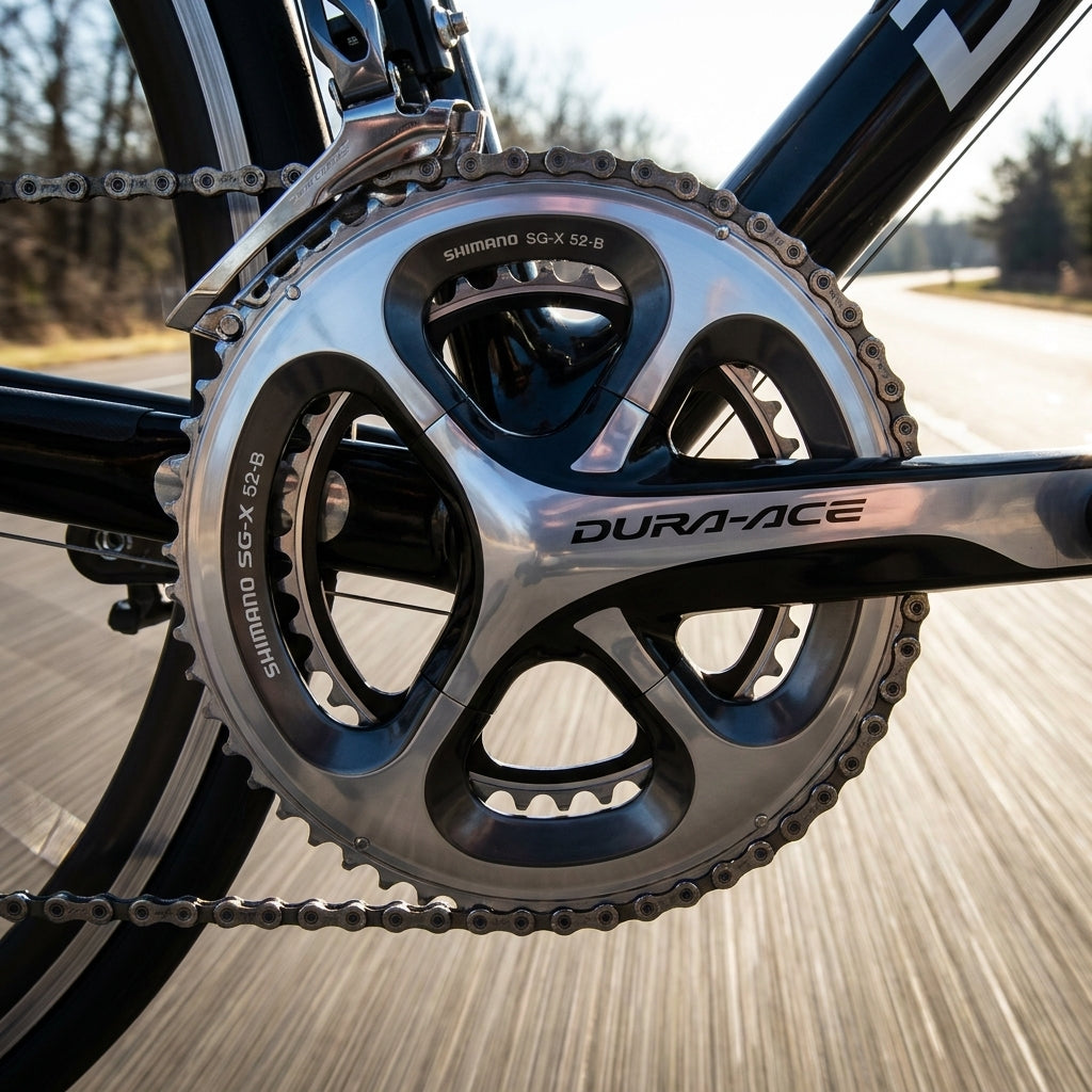 SHIMANO DURA-ACE FC-7900 52 Zähne silbernes Kettenblatt am Rennrad in Fahrt, für präzise Schaltperformance.