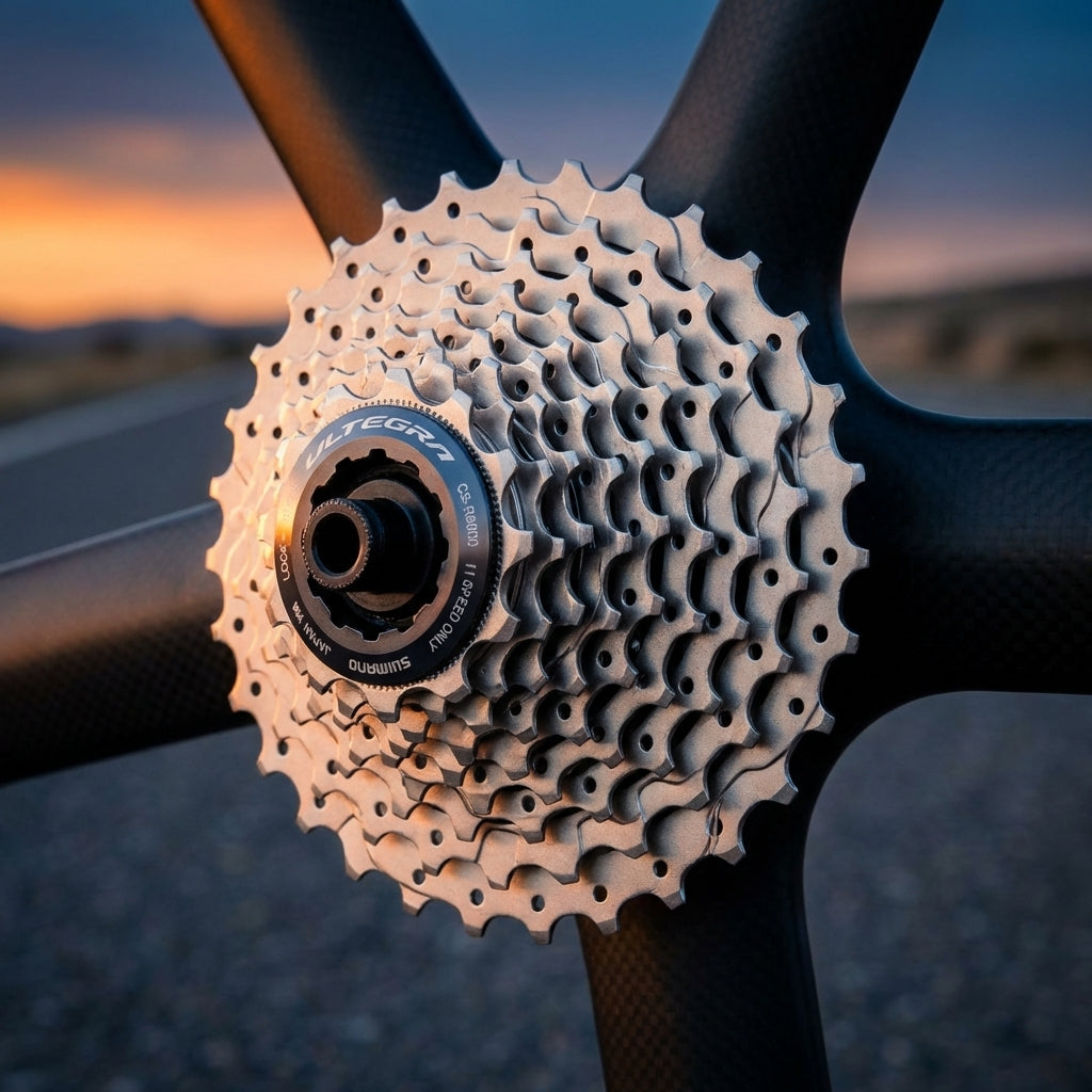 SHIMANO ULTEGRA CS-R8000 11-fach Rennrad Kassette mit 11 Ritzeln auf Carbon-Laufrad, im warmen Abendlicht.