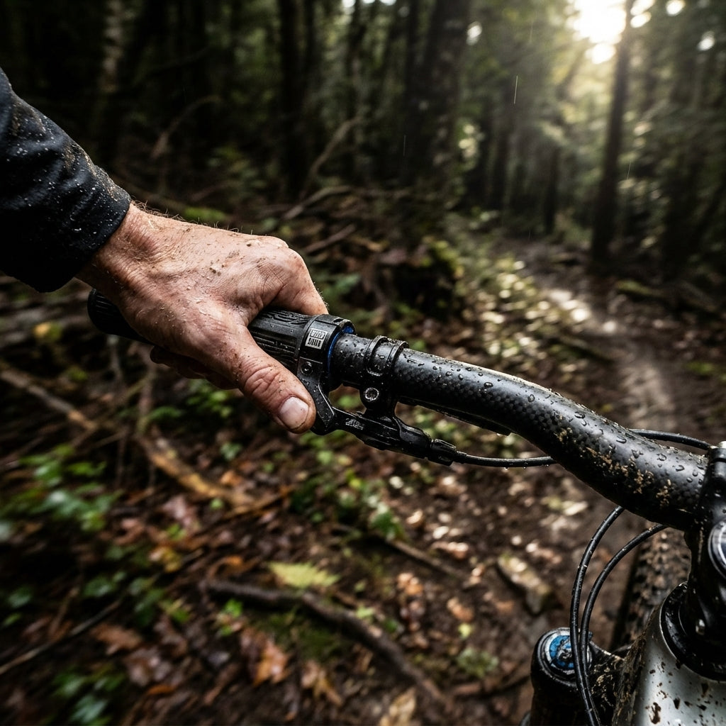 Schlammige Hand am Mountainbike-Lenker mit RockShox TwistLoc Ultimate Remote auf nassem Waldweg.